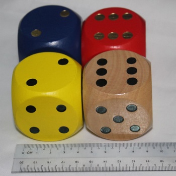 painted wooden dice wiith pips