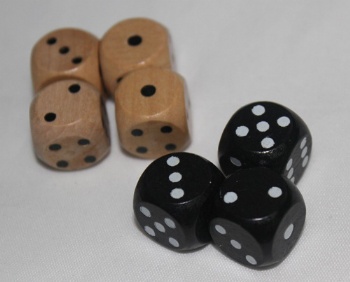 painted wooden dice wiith pips